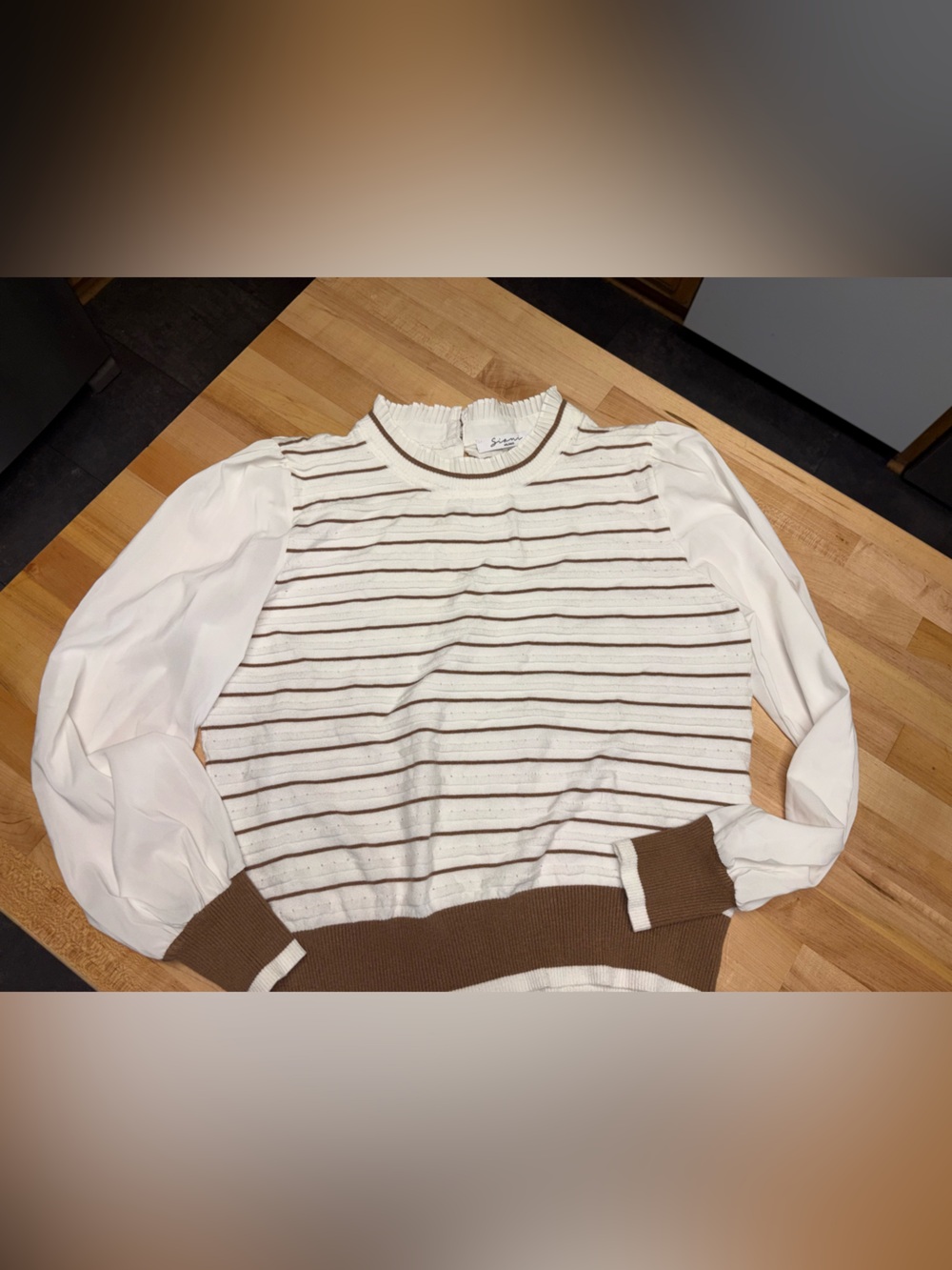 Striped white and Brown Mixed-Media Sweater